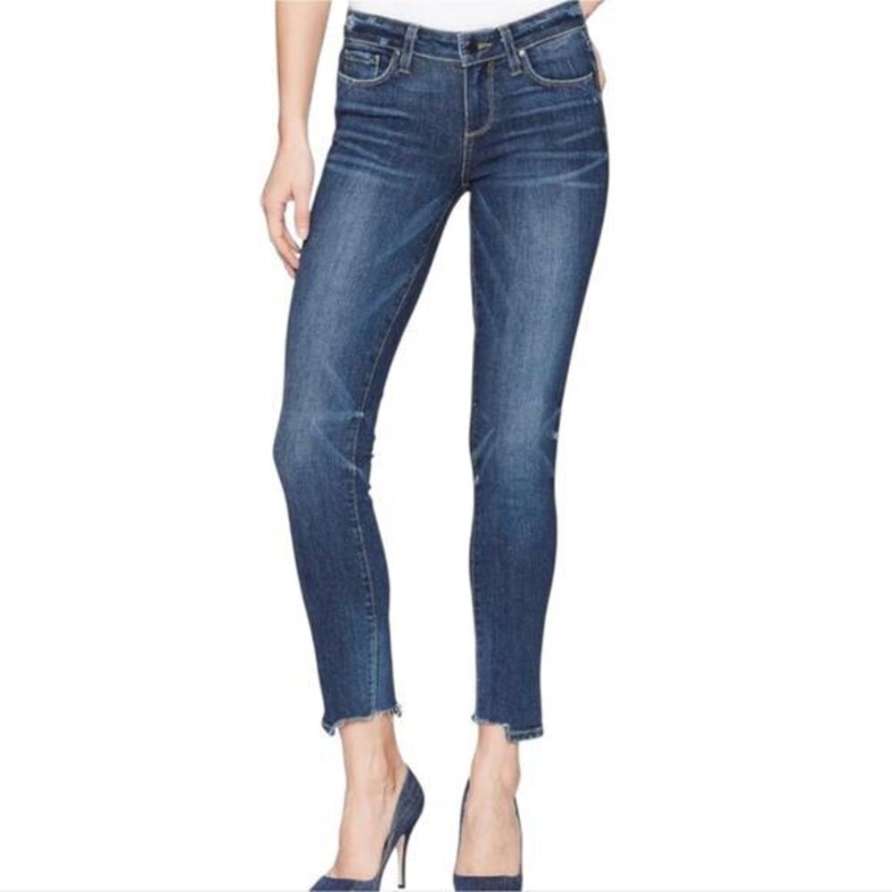 Paige Skyline Bootcut Jeans Dark Wash Distressed Raw Hem Mid Rise Blue 26x29